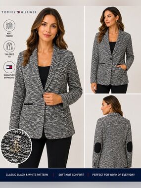 Tommy Hilfiger Black White Knit Longline Blazer Jacket Size 4
